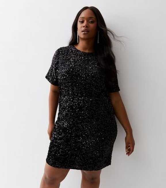 Curves Black Velvet Sequin Short Sleeve Mini Dress | New Look