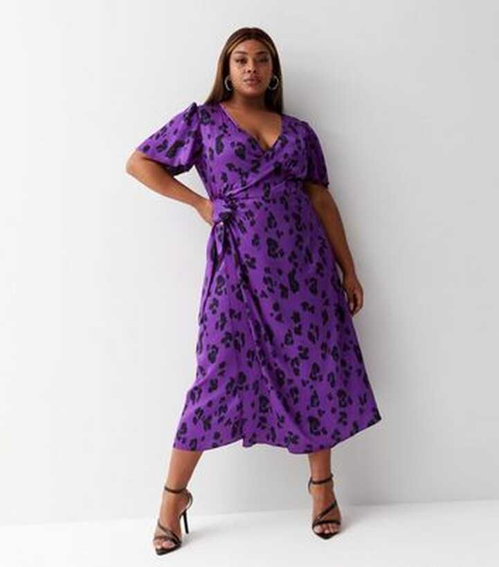 Curves Purple Floral Satin V Neck Short Sleeve Midi Wrap Dress ...