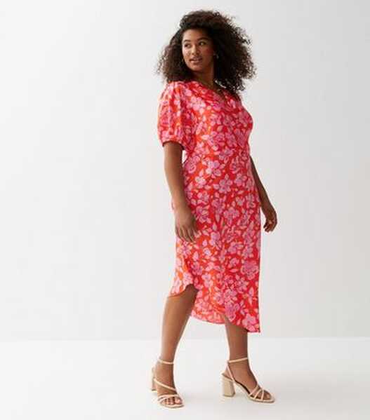 Curves Red Floral Short Sleeve Midi Dress | New Look