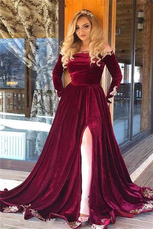 Custom Made Burgundy Velvet A Line Velvet Prom Dresses With Long ...