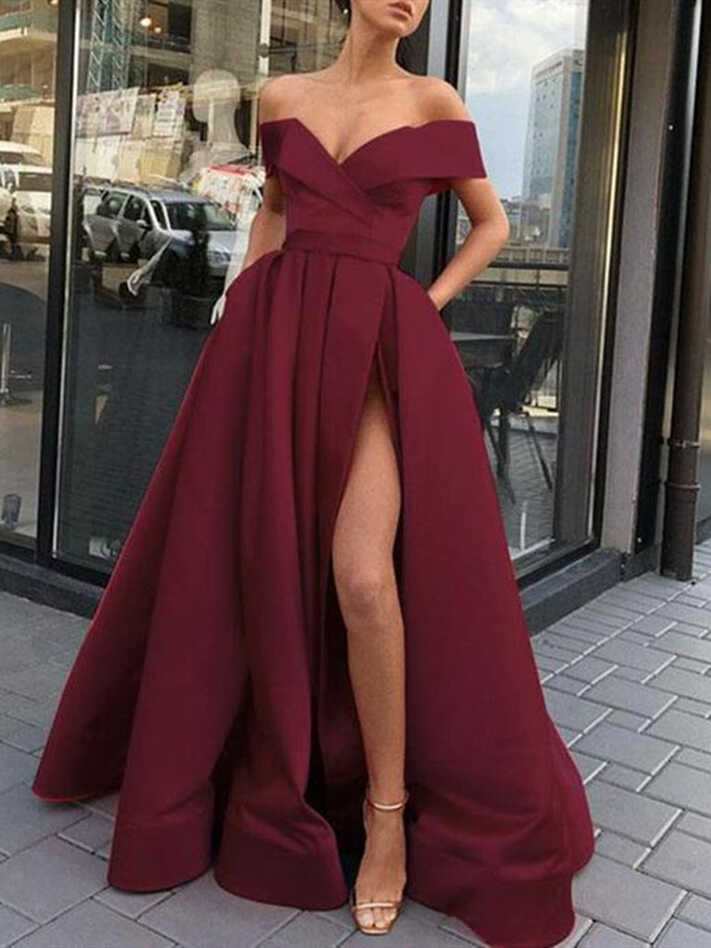 Custom Made High Slit Off Shoulder Burgundy Prom Dress, Burgundy ...