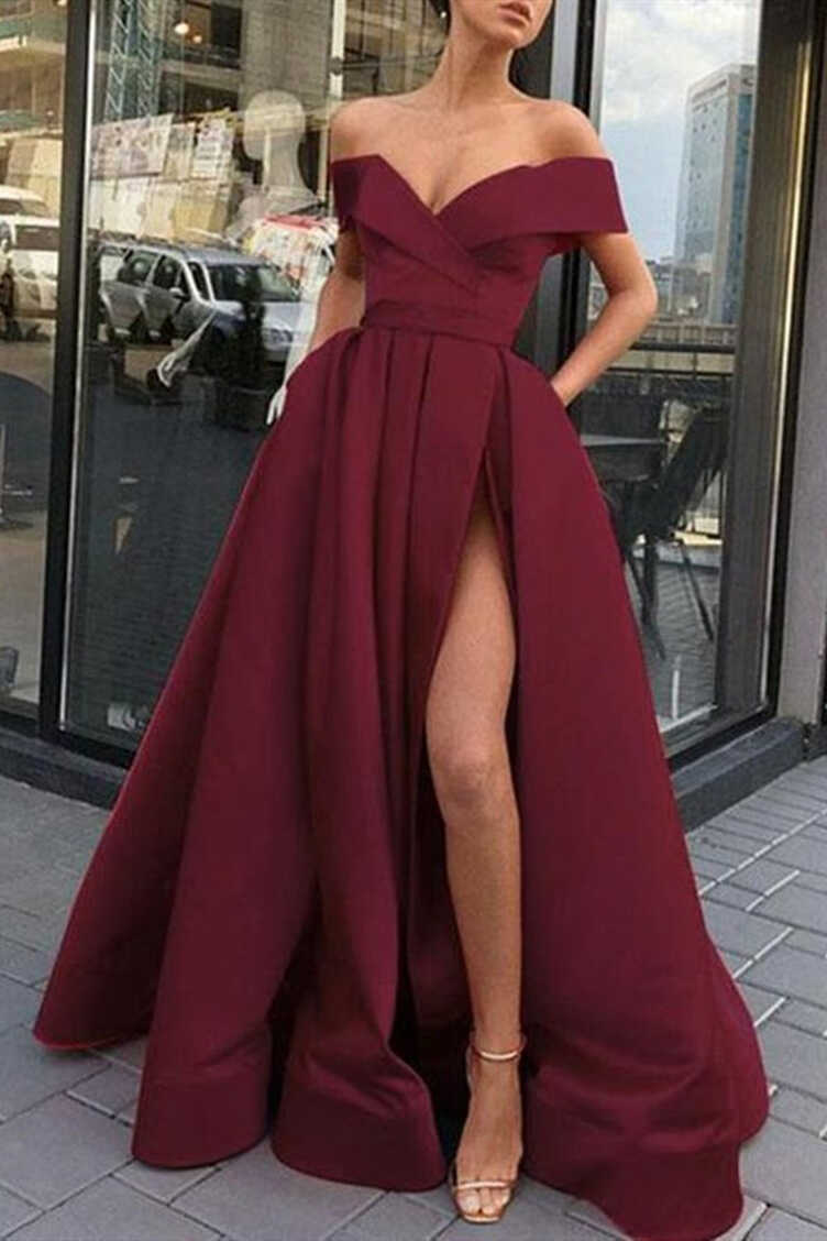 Custom Made Off the Shoulder Burgundy Long Prom Dresses, Off ...