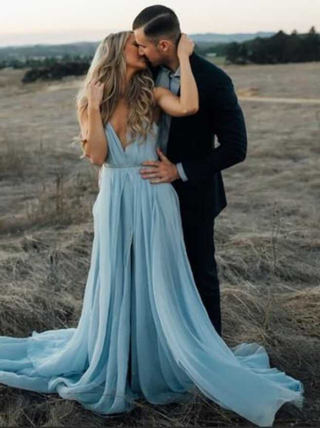 Custom Made Pale Blue Chiffon Boho Wedding Dress with slit,Fashion ...