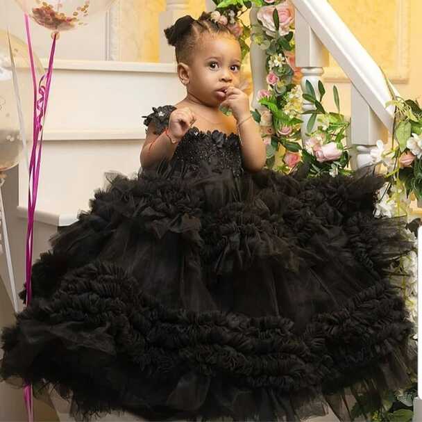 Custom Puffy Baby Girl Dress Black Tulle Lace Sheer Neck Princess ...