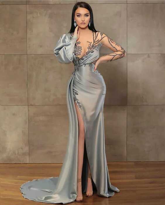 Custom Satin Classy Evening Dress With Jewels, Long Sleeves, And ...