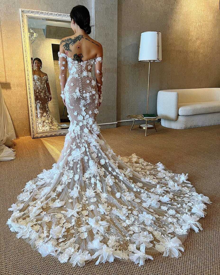 Custom Tulle - 3D Lace Mermaid Wedding Dress Long Sleeves, Nude ...