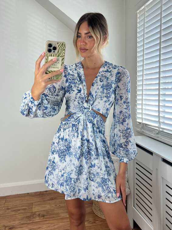 Cut Out Mini Dress | Tasha Dress in Blue &amp; White Floral – Style Cheat