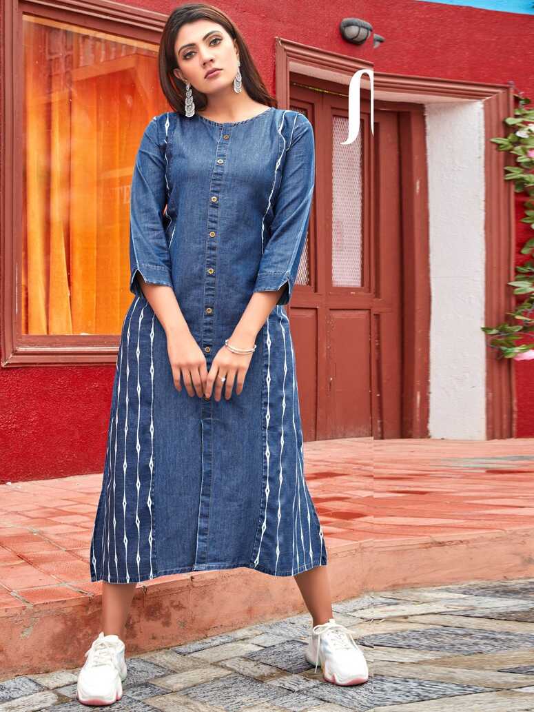 Cut Work Sleeves Cotton Denim Blue Long Kurti | Denimos-Tips ...