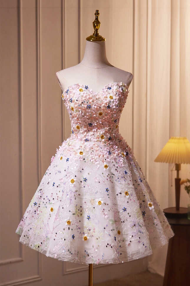 Cute 3D Floral Knee Length Party Dress, A-line Strapless Homecoming Dr