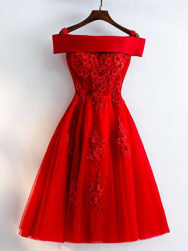 Cute A Line Off Shoulder Short Red Lace Prom Dresses, Short Red ...