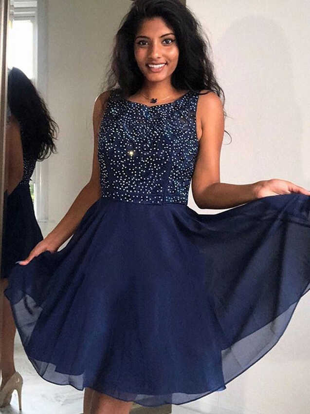 Cute A Line Round Neck Beaded Navy Blue Short Prom Dresses ...