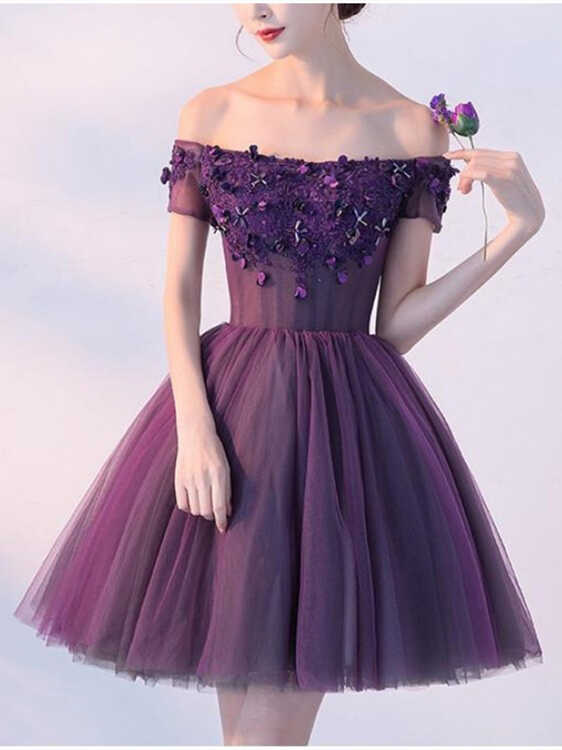 Cute A line Dark Purple Homecoming Dresses Off-shoulder Short Prom ...