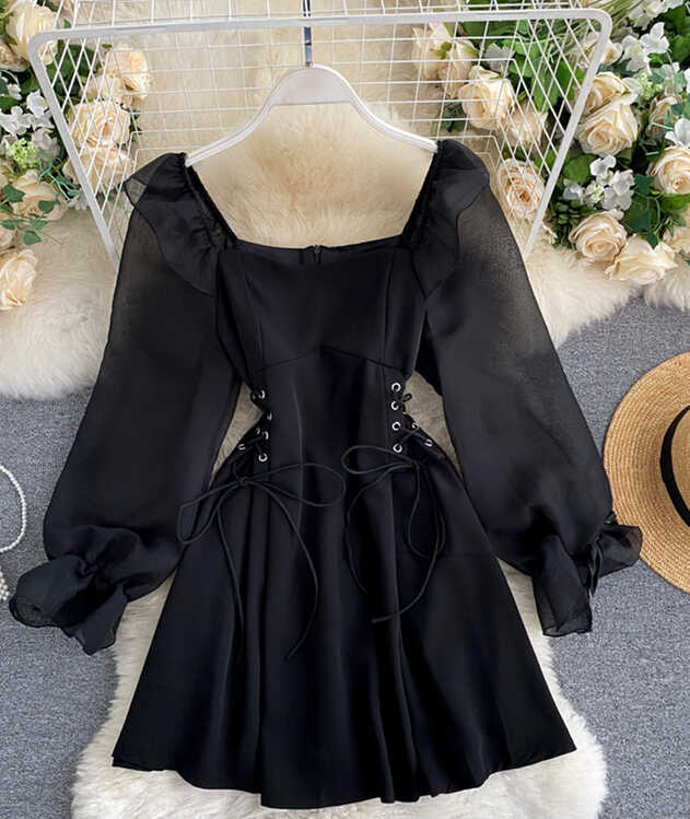 Cute A line short dress long sleeve waist dress 1034 – girlhomeshops