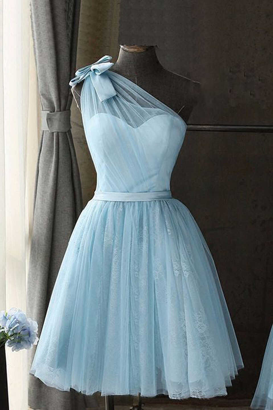 Cute Baby Blue Tulle One Shoulder Short Prom Dress, Bowknot Knee ...