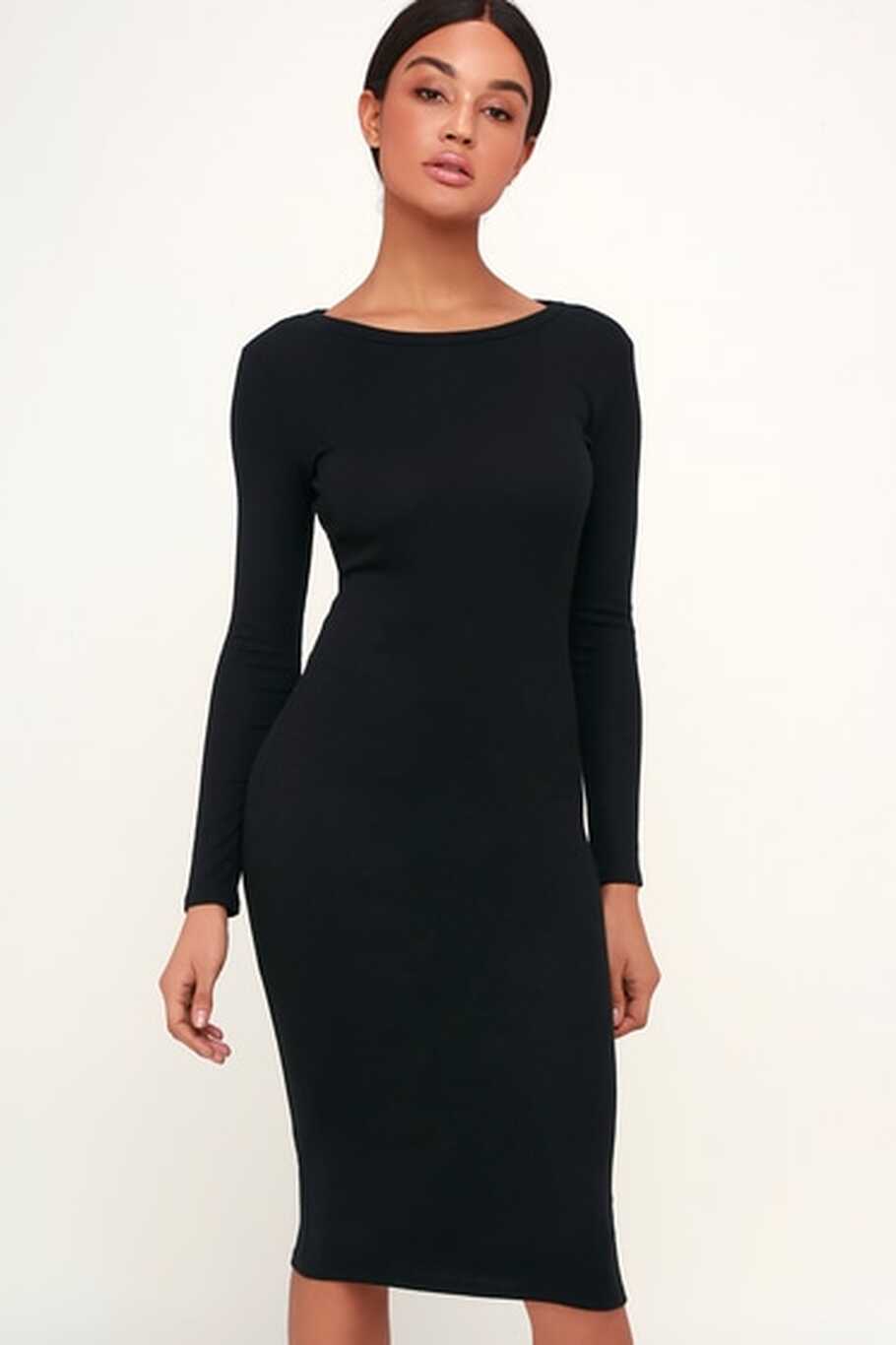 Cute Black Dress - Bodycon Dress - Midi Dress - Ribbed Dress - Lulus