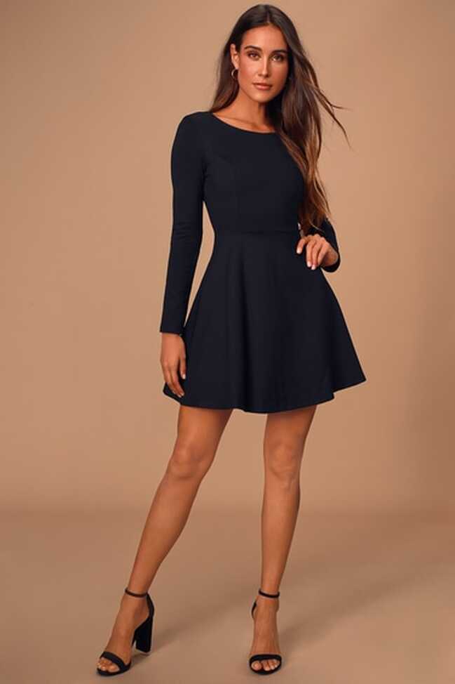 Cute Black Dress - Long Sleeve Dress - Skater Dress - Lulus