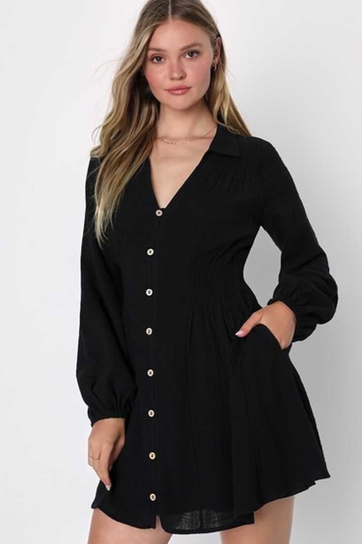 Cute Black Dress - Mini Skater Dress - Long Sleeve Dress - Lulus