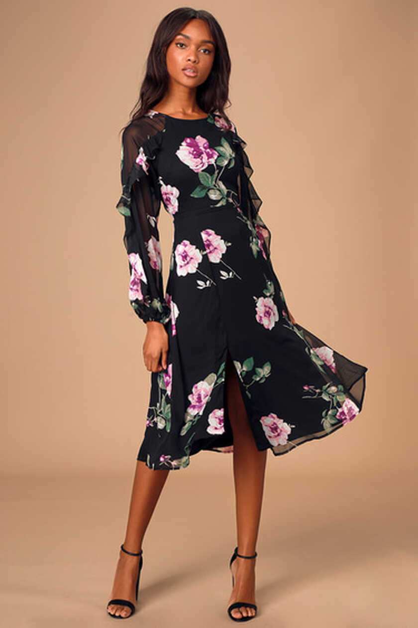 Cute Black Floral Dress - Floral Midi Dress - Long Sleeve Midi - Lulus