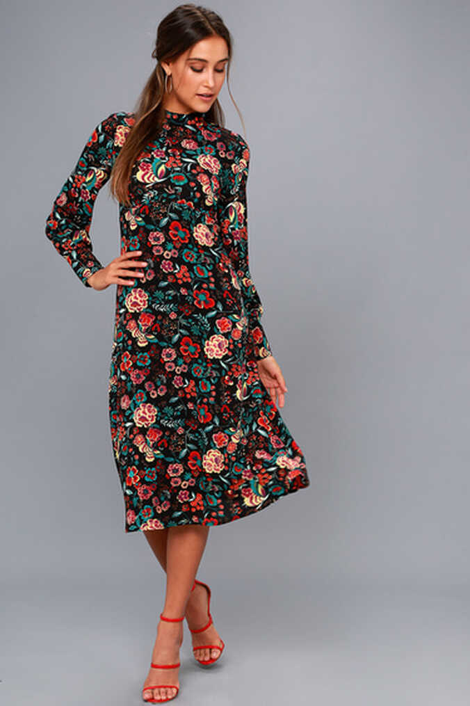 Cute Black Floral Print Dress - Black Dress - Midi Dress - Lulus