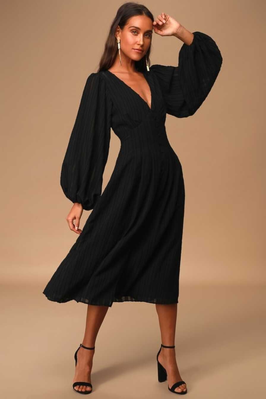 Cute Black Midi Dress - Long Sleeve Dress - Button Front Dress - Lulus