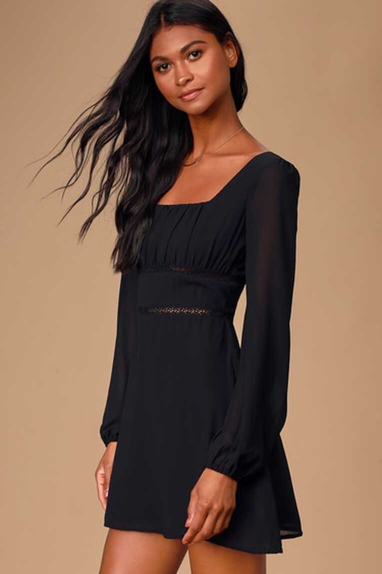 Cute Black Skater Dress - Square Neck Dress - Long Sleeve Dress ...