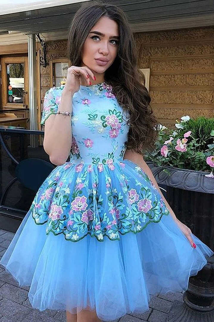 Cute Blue Floral Prints Tulle Short Sleeves A-Line Homecoming ...