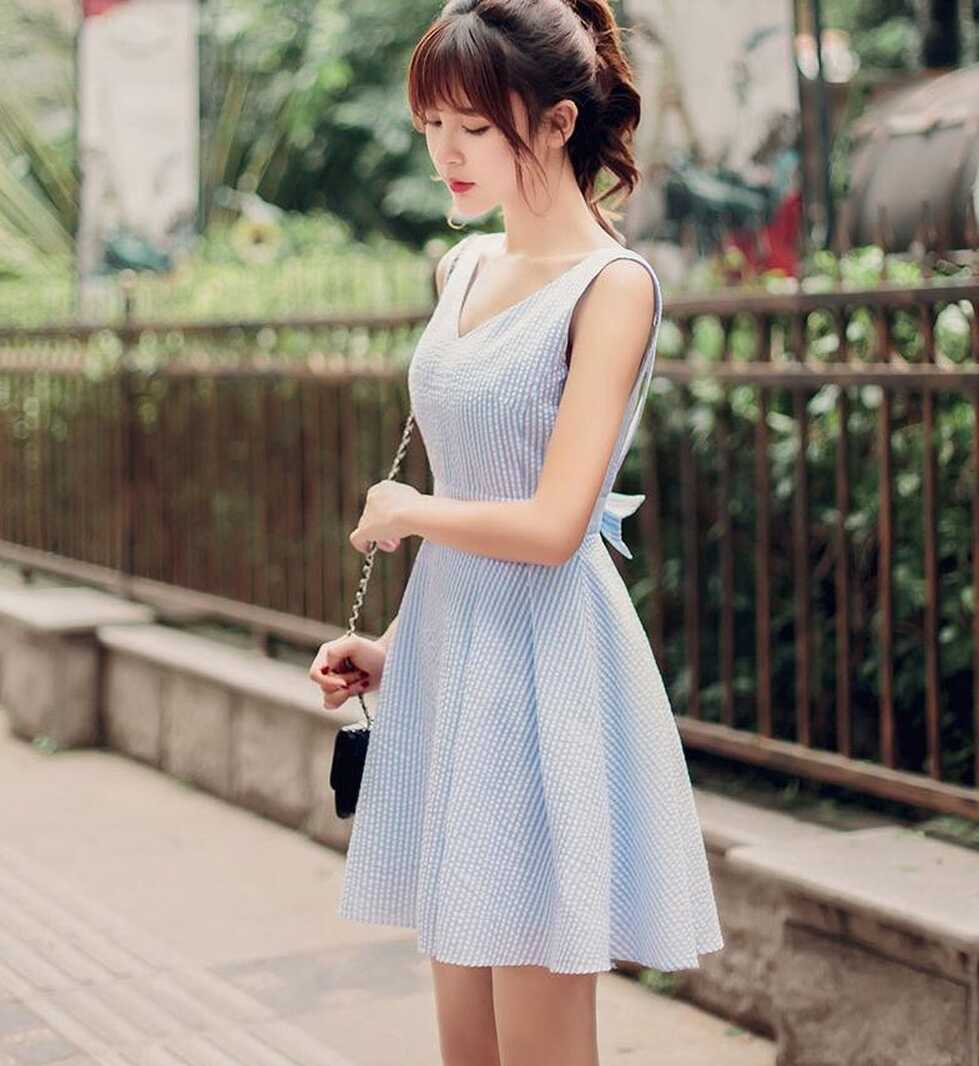 Cute Blue V Neck Short Dress With Bow, Summer Dress,pl4356