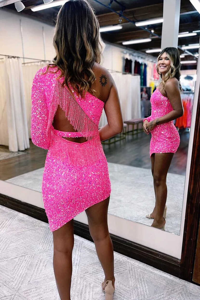 Cute Bodycon One Shoulder Hot Pink Sequins Short Homecoming ...