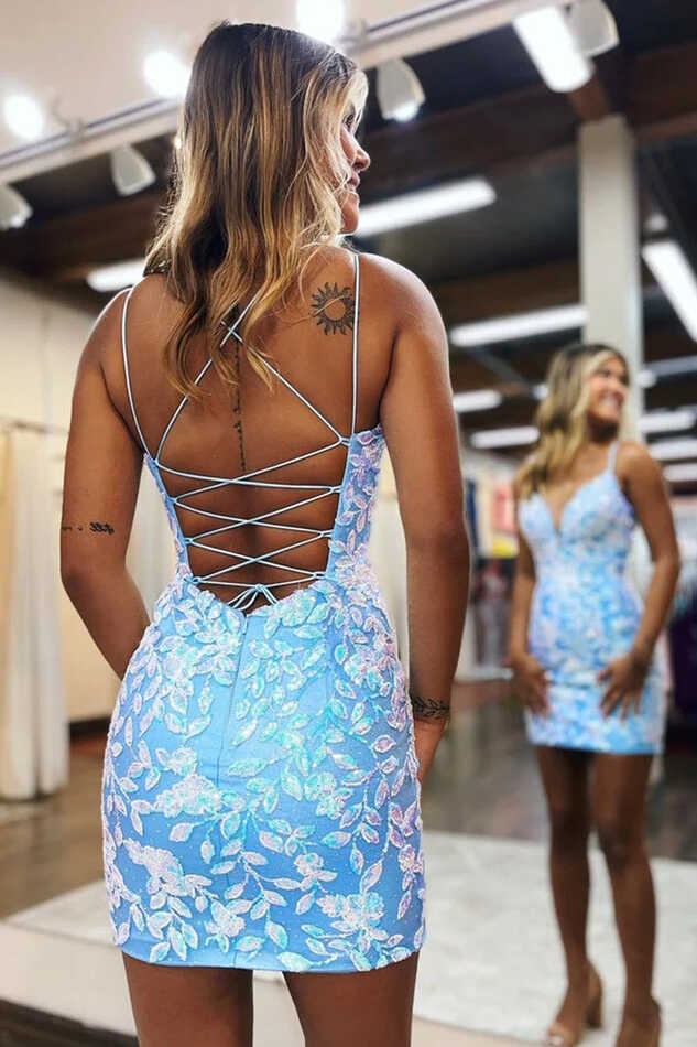 Cute Bodycon V Neck Light Blue Lace Sequins Homecoming Dresses ...