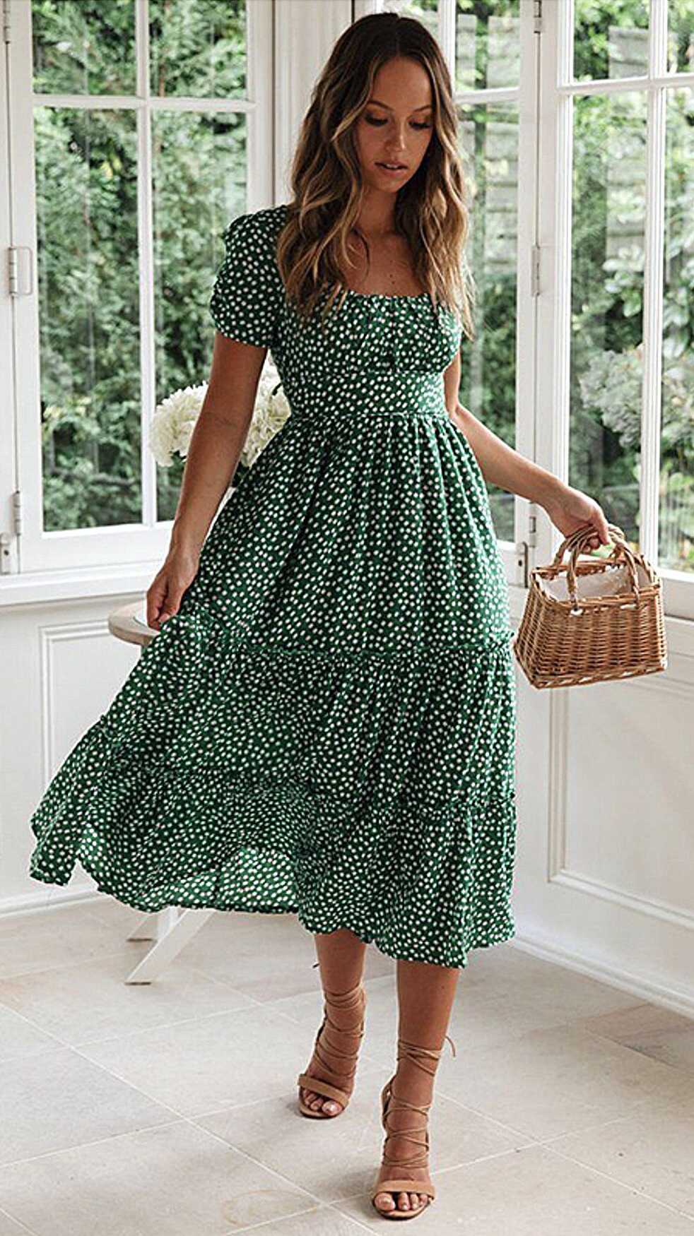 Cute Bohemian Floral Print Midi Dress - Medium / Green