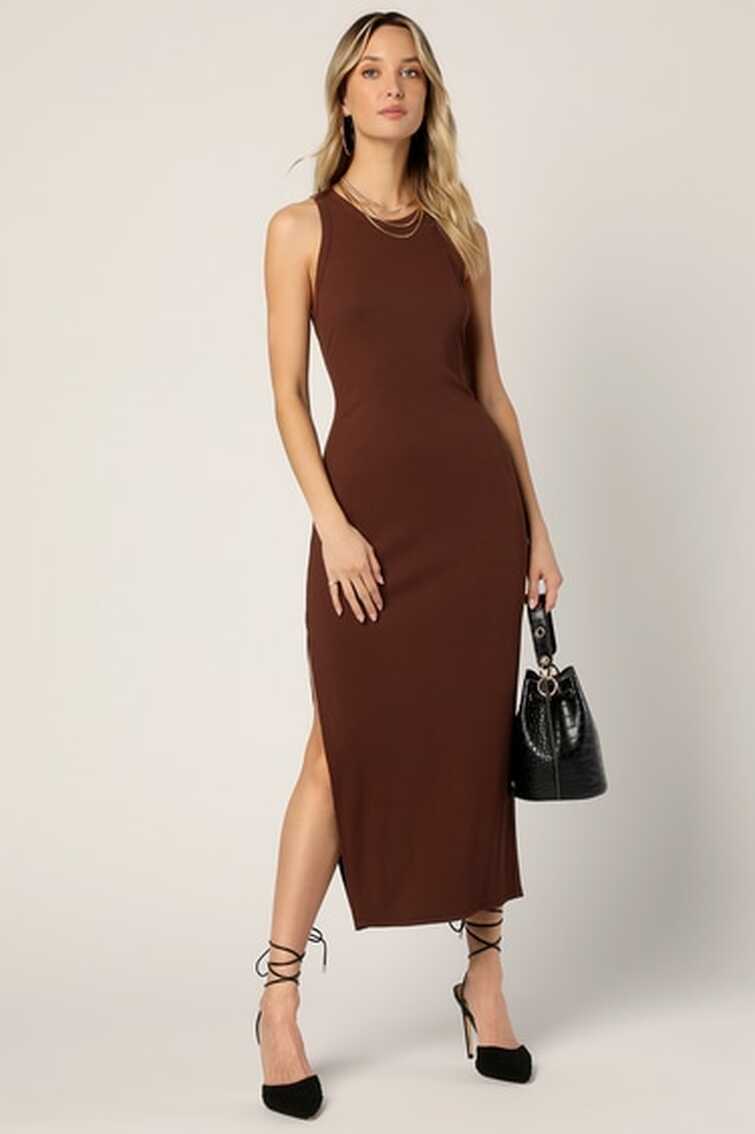 Cute Brown Dress - Ribbed Midi Dress - Casual Tank Dress - Lulus