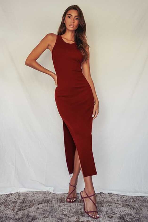 Cute Burgundy Dress - Ribbed Midi Dress - Casual Tank Dress - Lulus