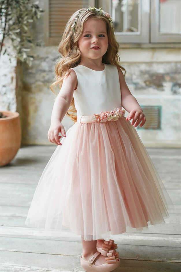 Cute Chic White and Pink Flower Girl Dress with Floral Belt ...