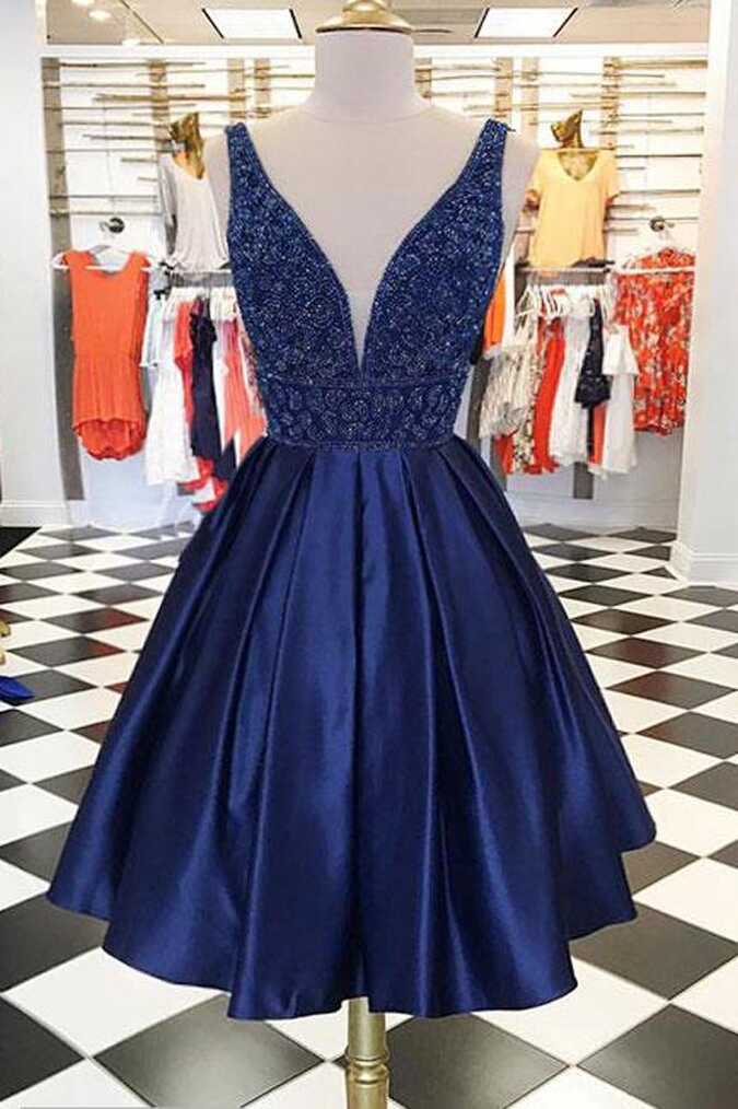 Cute Dark Blue Satin V neck Homecoming Dresses Chic Short Prom ...