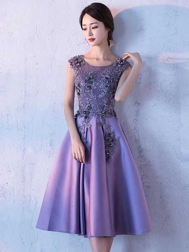 Cute Dark Purple Knee Length Satin Bridesmaid Dress, Lace Floral ...