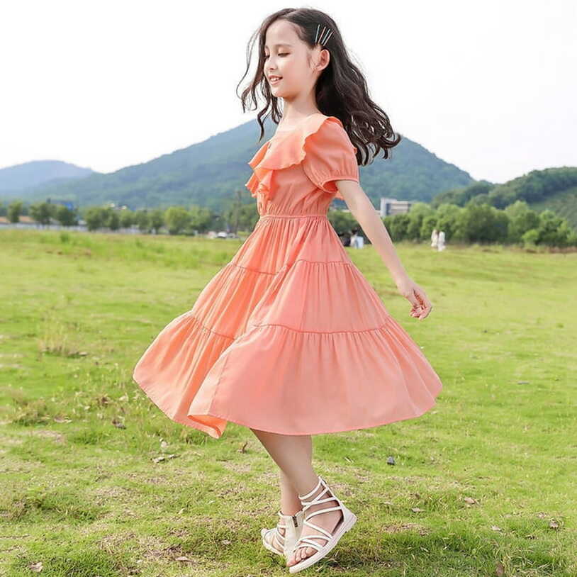 Cute Dresses For Teen Girls Kids Neck Short Sleeve Soild Maxi ...