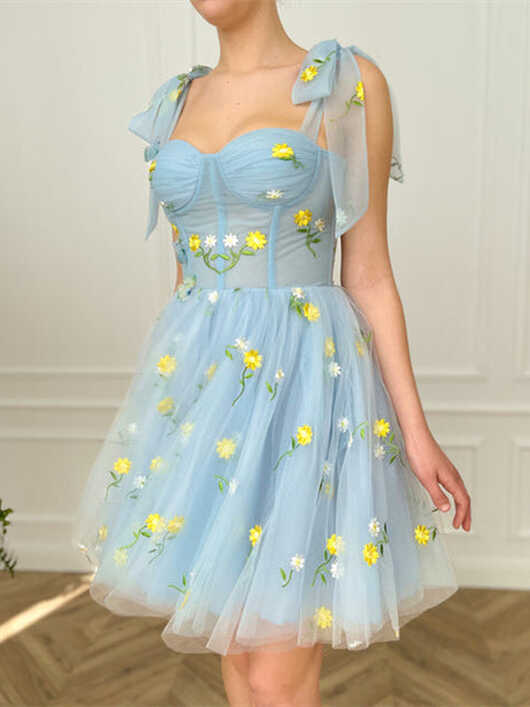 Cute Floral Blue Homecoming Dresses, Short Prom Dresses, Boned ...