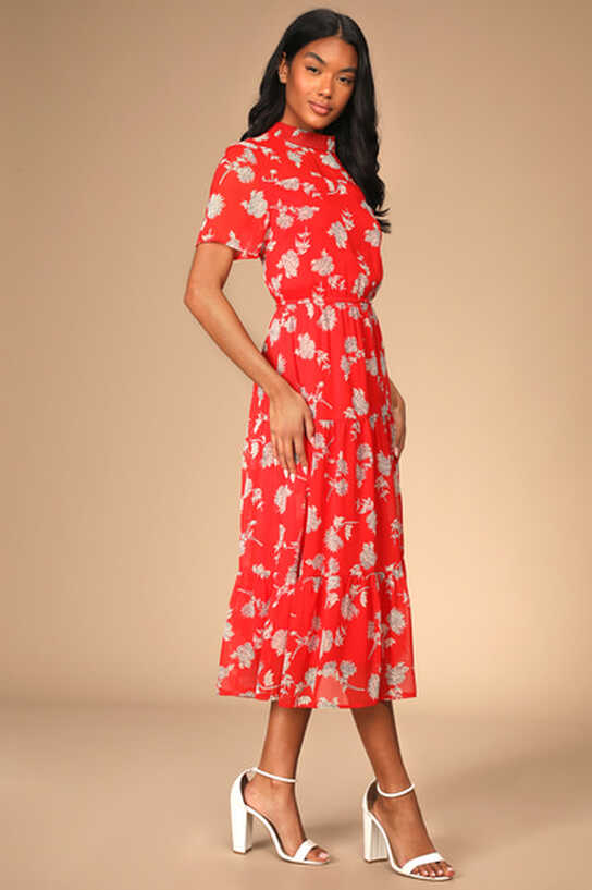 Cute Floral Print Dress - Red Midi Dress - Short Sleeve Dress - Lulus