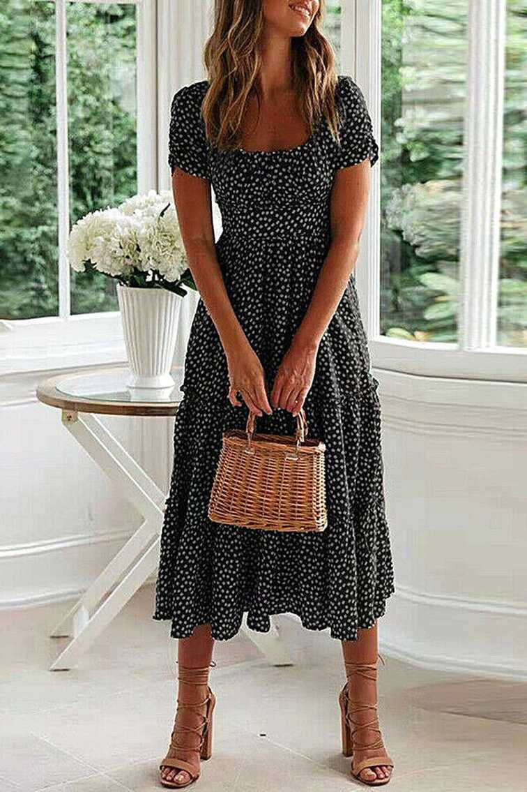 Cute Floral Print Midi Dress - 2X-Large / Black