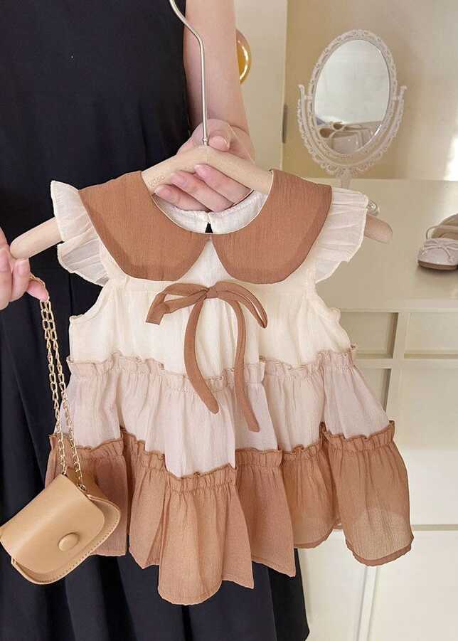 Cute Khaki Peter Pan Collar Ruffled Chiffon Kids Girls Dress ...