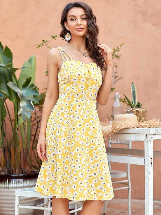 Cute Knee-Length Spaghetti Straps Smocking Floral A-line Summer Dress