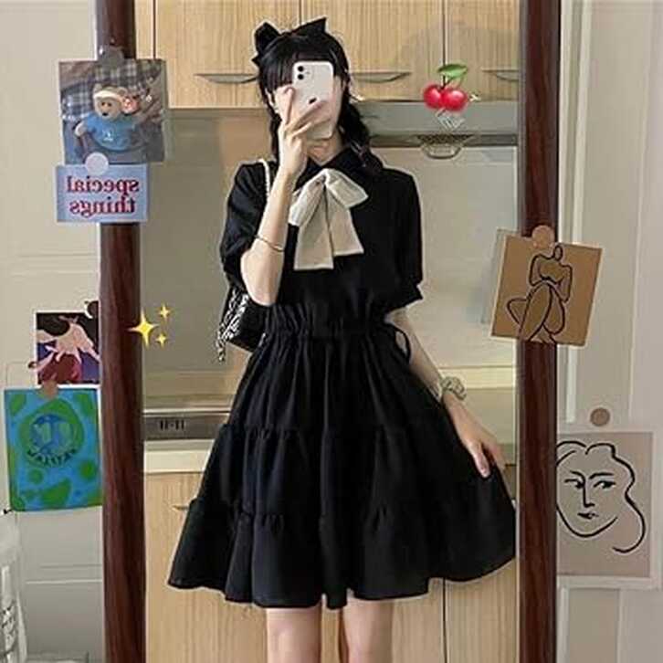 Cute Korean Version Stand Collar Bow Dress Summer Short-Sleeved ...