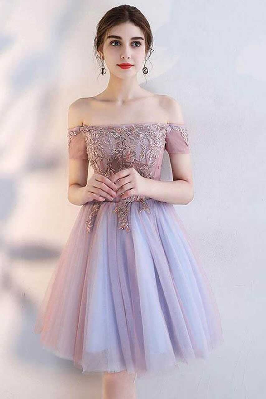 Cute Lace Off The Shoulder Tulle Short Prom Dress Homecoming Dress ...