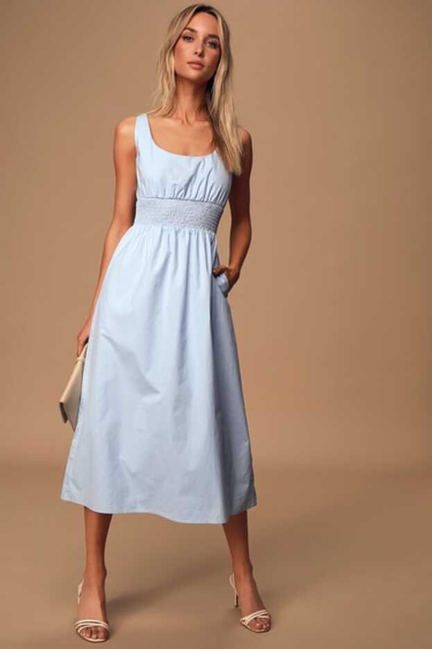 Cute Light Blue Dress - Sleeveless Midi Dress - Smocked Dress - Lulus