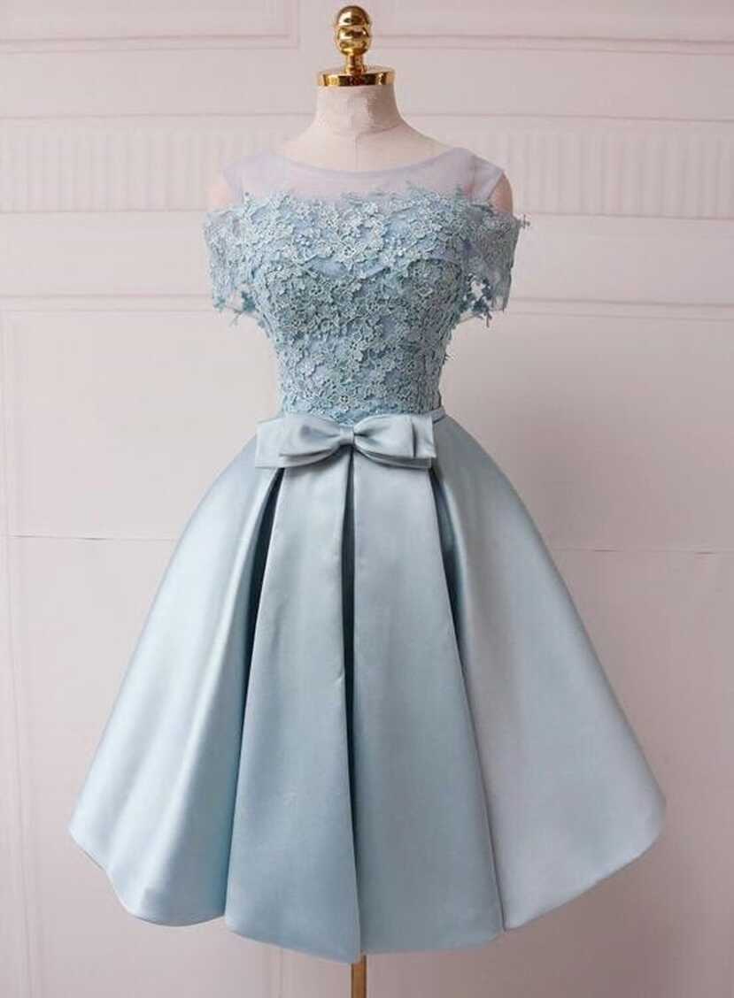 Cute Light Blue Satin Off Shoulder Party Dress, Knee Length Formal ...