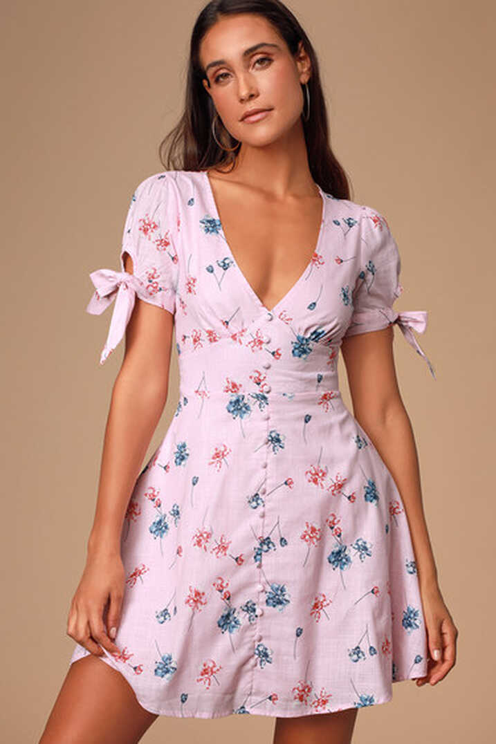 Cute Light Pink Dress - Floral Print Dress - Short Sleeve Dress ...