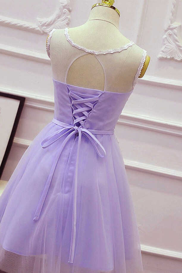 Cute Light Purple Tulle Short Prom Dress, Lace Applique Formal ...