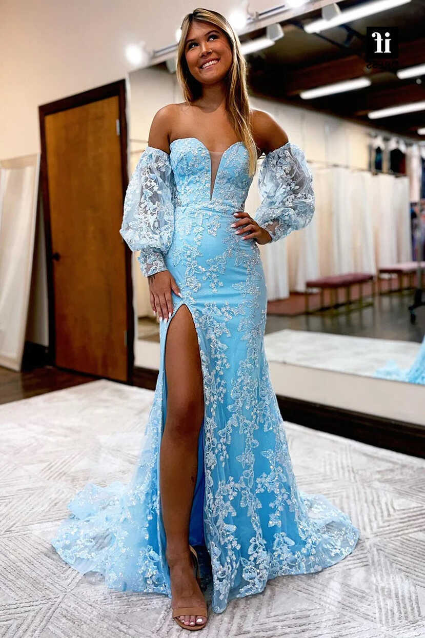 Cute Mermaid Sweetheart Light Blue Lace Long Prom Dresses VK112803 ...