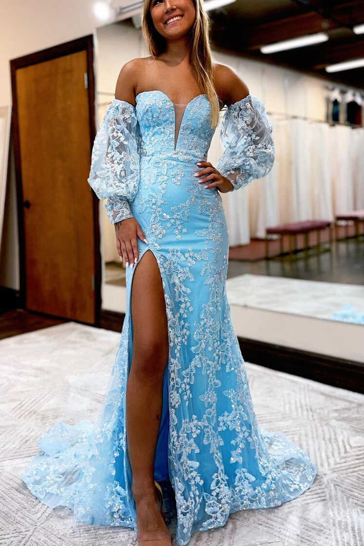 Cute Mermaid Sweetheart Light Blue Sparkly Lace Prom Dresses with ...