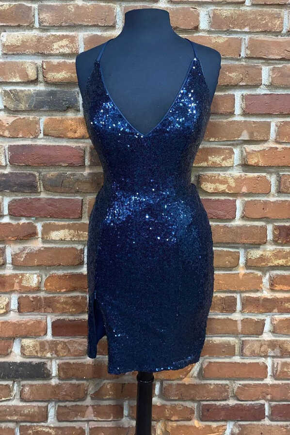 Cute Navy Blue Sequins Tight Mini Homecoming Dress – FancyVestido